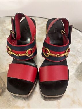 Gucci Red Leather and Navy Web Horsebit Sandals